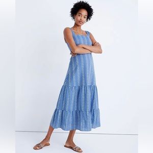 Madewell Blue Embroidered Button-Back Tiered Sundress